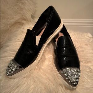 Miu Miu Black Patent Leather Loafers with Silver Studs